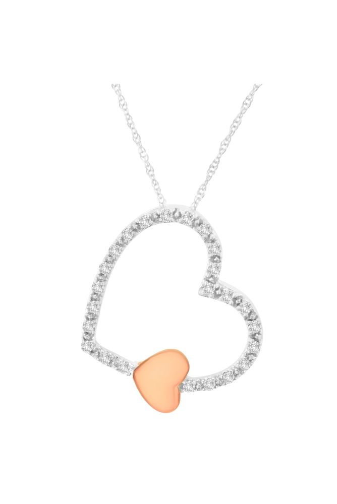 10KT Two Tone Gold 1/6 cttw Diamond Floating Heart Necklace
